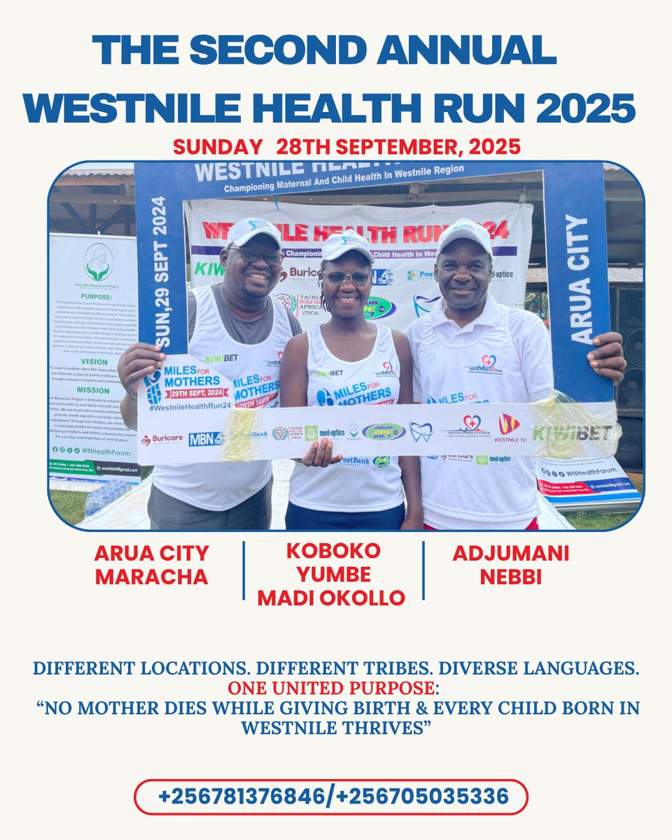 Westnile Health Forum (@wnhealthforum) on Twitter photo <a href="/MadiOkolloDLG/">Madi Okollo District Local Government</a> joins the 2nd #WestnileHealthRun25!
📍Rhino Camp Refugee Settlement will host—promoting #coexistence between refugee & host communities.
We’re running to end preventable deaths of mothers & children under 5.
🗓️ 28th Sept 2025 | #MilesForMothers #LeaveNoOneBehind <a href="/MadiOkolloDLG/">Madi Okollo District Local Government</a> joins the 2nd #WestnileHealthRun25!
📍Rhino Camp Refugee Settlement will host—promoting #coexistence between refugee & host communities.
We’re running to end preventable deaths of mothers & children under 5.
🗓️ 28th Sept 2025 | #MilesForMothers #LeaveNoOneBehind