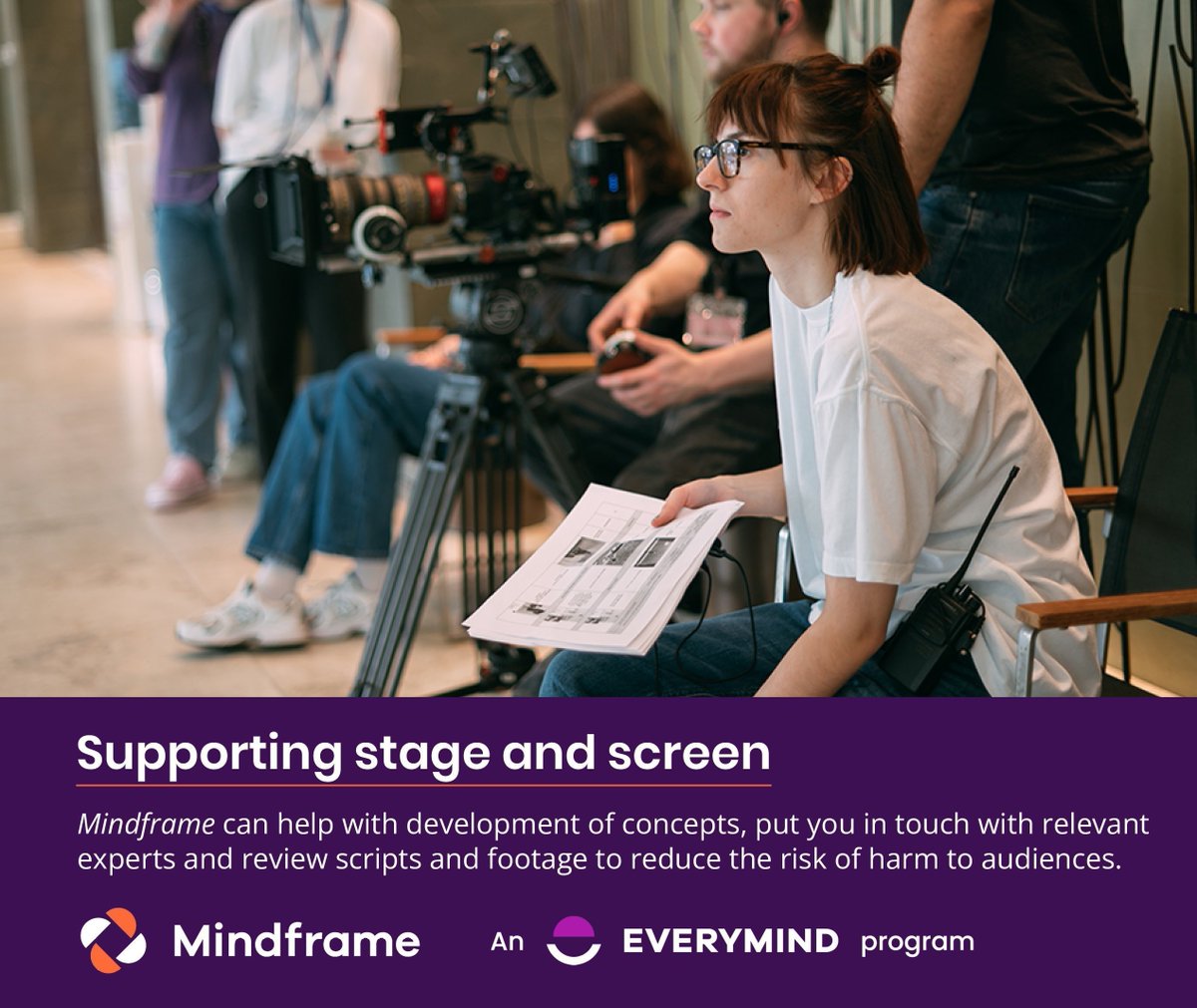 Are you a creator working on a project for screen or stage that includes themes such as mental health concerns or suicide? 
Everymind provides free support including advice around potential audience impact, and safe, authentic portrayal.
Talk to our team: bit.ly/3N4TpTR