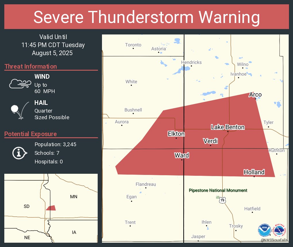 Severe Thunderstorm Warning continues for Elkton SD, Lake Benton MN and  Holland MN until 11:45 PM CDT