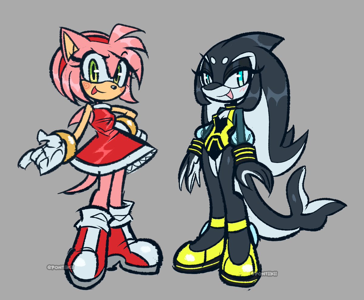 pontiikii's tweet image. guys i think i finally found a rly good inbetween style of cartoony but still true to the sonic style...AND THEY HAVE NECKS. 
im gonna mess around with this style more   

ft. amy and a new oc named tsunami :] ( who was designed by Starlitzart