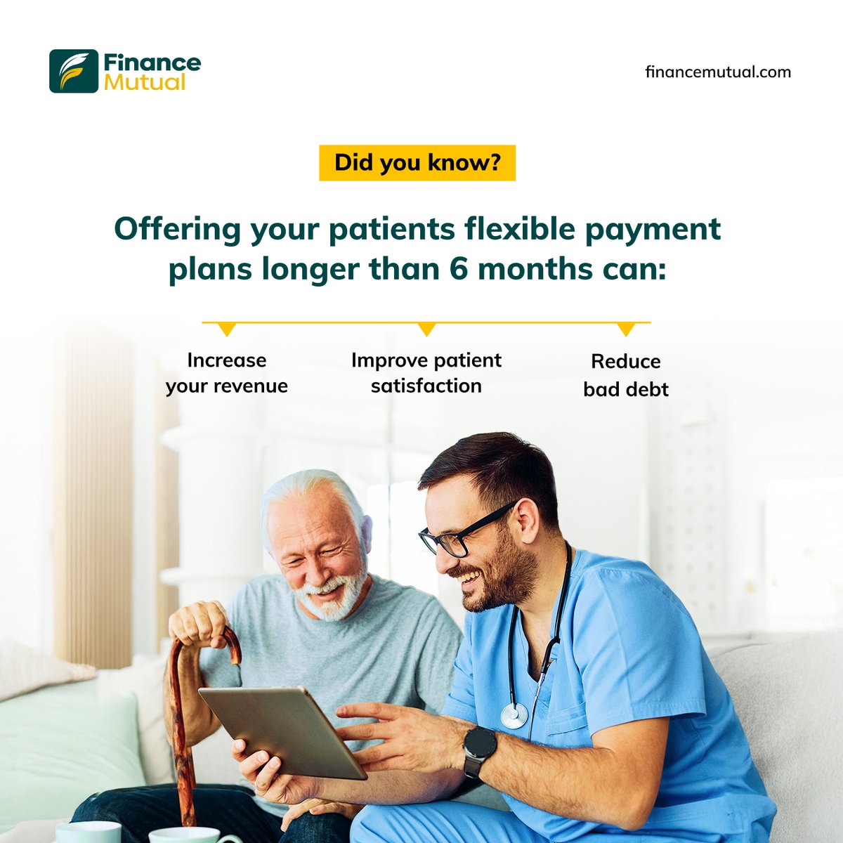 FinanceMutual_'s tweet image. A recent report shows that offering financing plans longer than 6 months has a positive impact on patient satisfaction rates.

Join the league of patient-first healthcare practices. Know more at financemutual.com!

#FinanceMutual #PatientFinancing