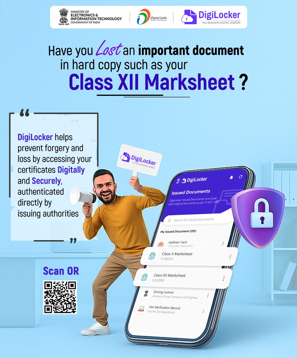 _DigitalIndia's tweet image. If you have lost a document due to any natural calamities or otherwise, don&apos;t fret ! Create a DigiLocker account to securely access all your important documents. 

Explore now: digilocker.gov.in

#DigitalIndia #DigiLocker