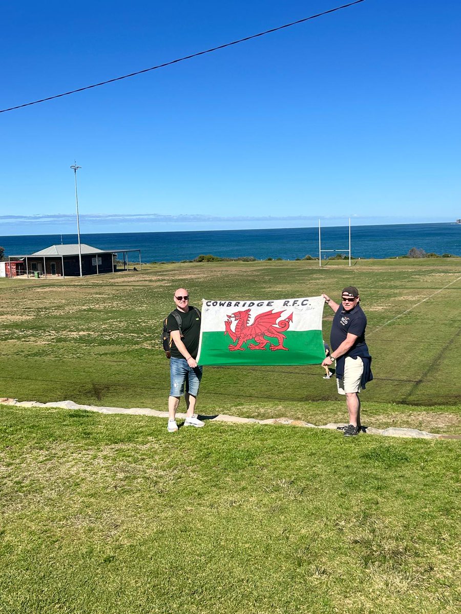Spreading the gospel at Clovelly Crocodiles RLFC. What a great location for a game of rugby, whatever the code.. #cowbridgelions #flytheflag