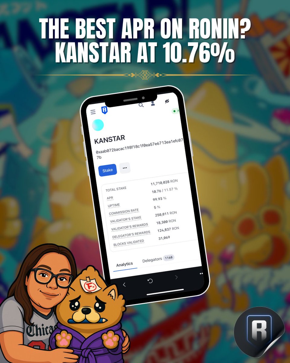 Holding $RON? <a href="/KanstarWorld/">KANSTAR 💫</a> is your best staking option 🚀
🔹 10.76% APR
🔹 124K+ $RON distributed
🔹 11.7M+ staked
✅ Daily MAX rewards
✅ 99.93% uptime

Maximize your $RON: app.roninchain.com/validator/0xaa…