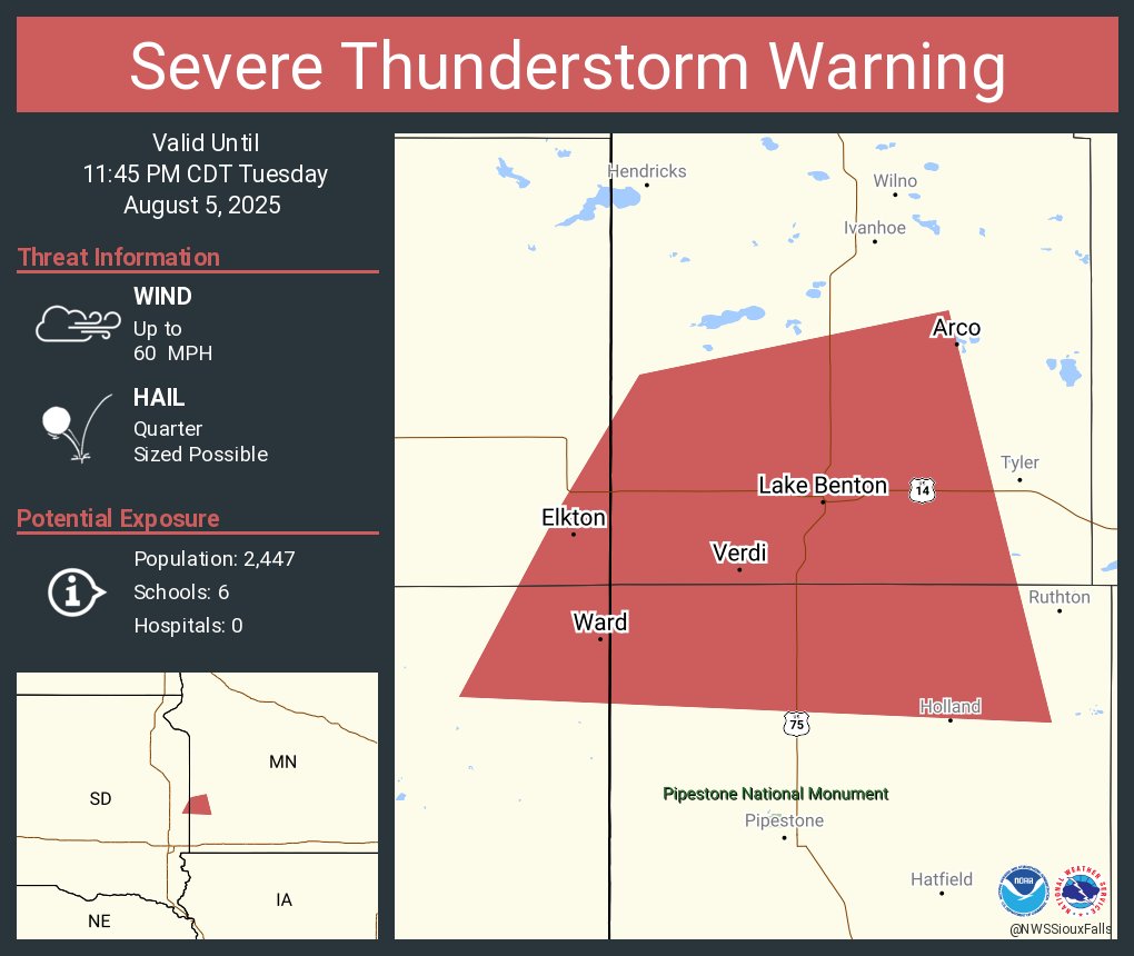 Severe Thunderstorm Warning continues for Elkton SD, Lake Benton MN and  Arco MN until 11:45 PM CDT