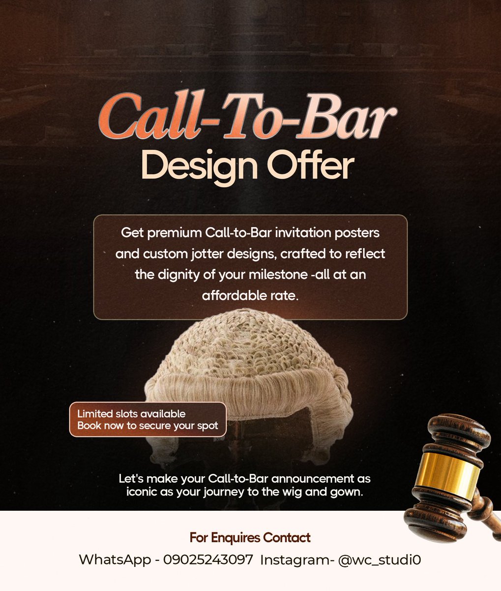 w20_official's tweet photo. Your journey to the bar deserves to be celebrated in style.
We design sleek, elegant flyers that honor your hard work and capture the moment.
#lawstudentlife #calltobar #lawschoolng #legaldesign #barfinals #lawjourney #lawschoolnigeria #legalflyers #lawbranding #designforlaw https://t.co/muRVLWe77d