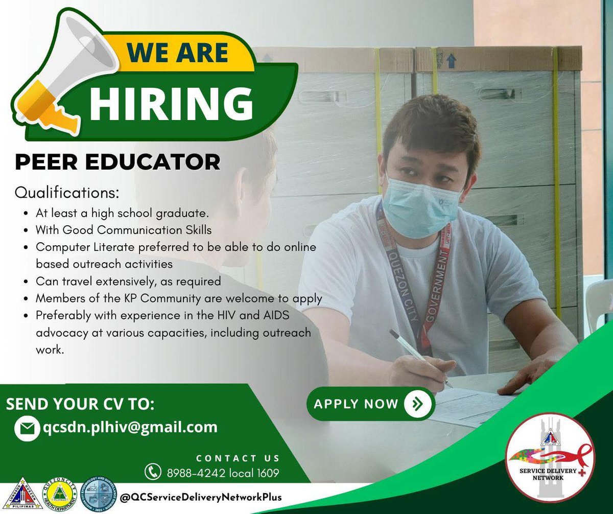 QCSDNPlus's tweet photo. 📣 HIRING: PEER EDUCATOR 🧑‍🤝‍🧑🌈
🤝 Be part of our fight against HIV!
Ibahagi ang iyong boses, kaalaman, at malasakit.

📍if interested, please contact our QCESD hotline 8988-4242 or email your resume at qcsdn.plhiv@gmail.com with the position applying for as the subject line https://t.co/oS3MFiFBGf