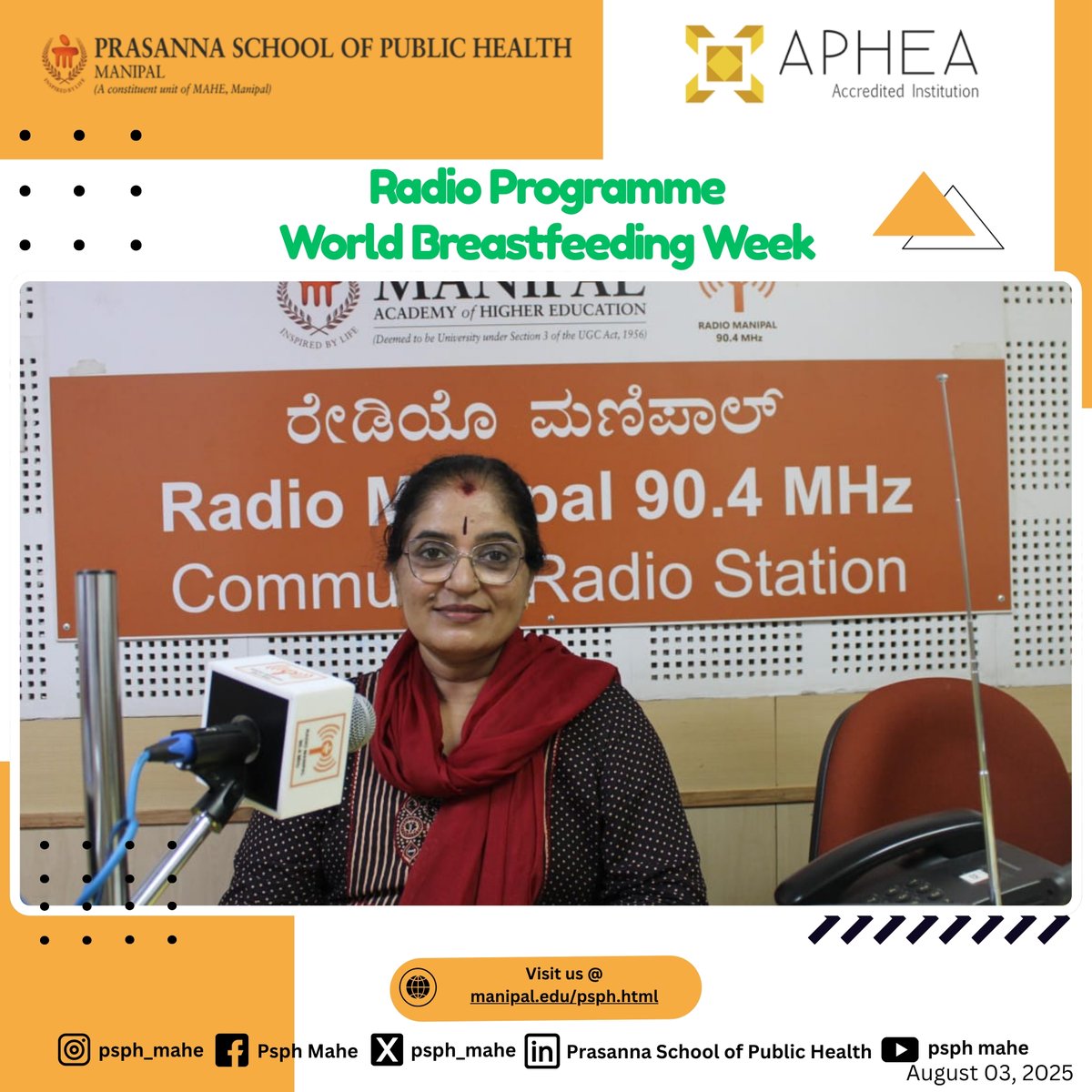 Dr. Arathi Rao highlighted the critical role of breastfeeding in improving maternal and child health, empowering families, and building healthier communities.

#WorldBreastfeedingWeek #PSPH #MAHE #MaternalHealth #ChildHealth #BreastfeedingAwareness #RadioManipal #HealthPromotion