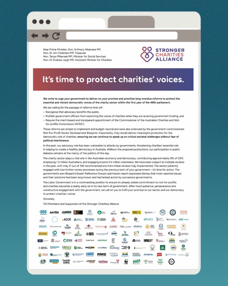 We're proud to stand with more than 100 members and supporters of the Stronger Charities Alliance, calling on the Albanese Government to pass reforms that protect the vital advocacy role of charities.

Read the letter: strongercharities.org.au/2025/08/05/ope…