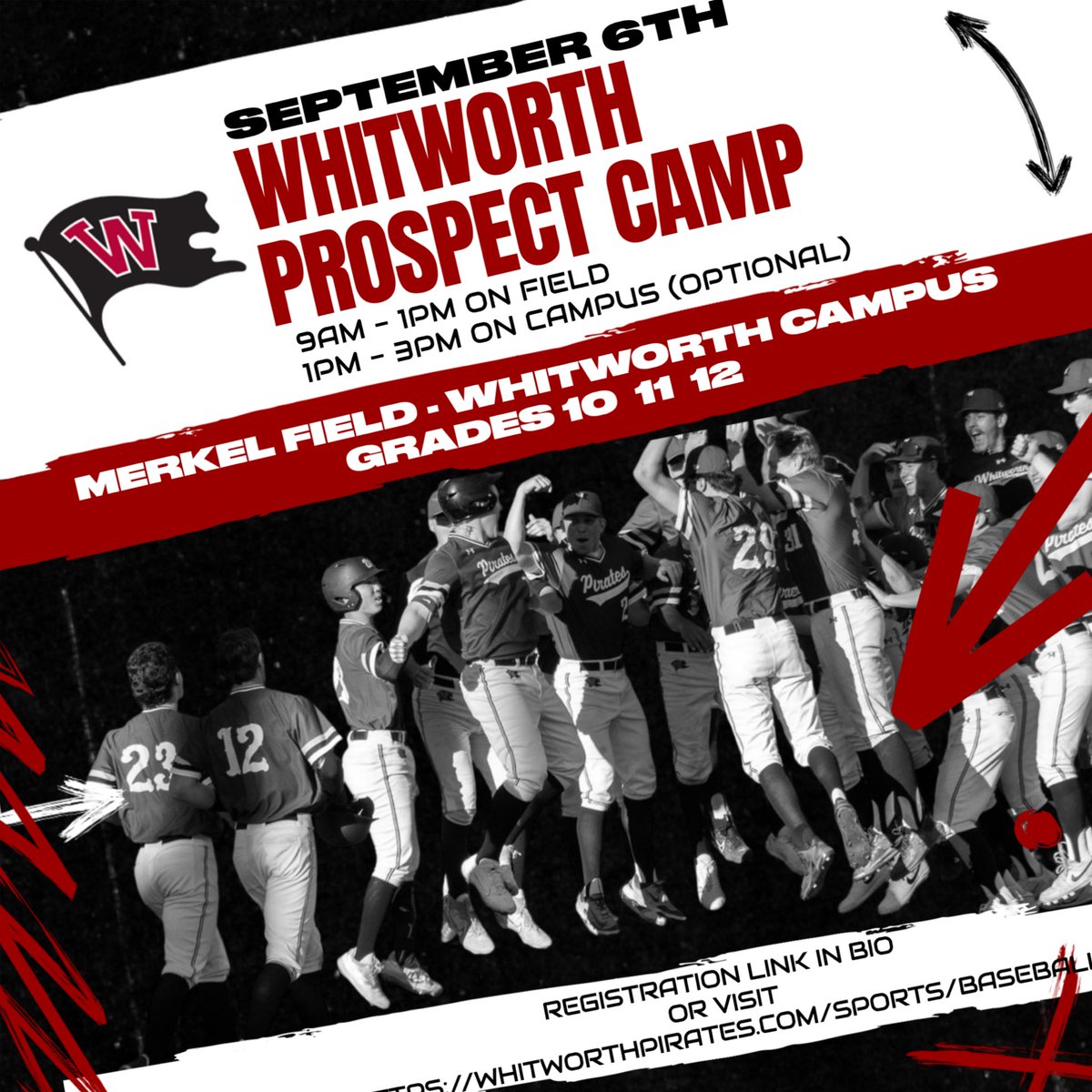 ‼️One Month Away‼️
Whitworth Baseball is hosting its prospect camp on September 6th! 
✅ Instruction from College Coaches 
🎯 Showcase your skills &amp; get noticed
⚾️ Live game action
🧃 Fun &amp; High Energy 
🔗 sign up via link in bio or whitworthpirates.com/sports/2025/7/…
