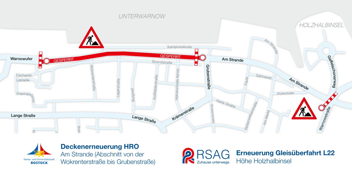 Nach der Hanse Sail: Vollsperrung Am Strande (L 22) und Höhe Holzhalbinsel - Die erforderlichen Arbeiten werden unter Vollsperrung der Fahrbahn ab 11. August 2025, 0 Uhr, bis voraussichtlich 19. August 2025, 3 Uhr, ausgeführt. rathaus.rostock.de/meldungen/3678…