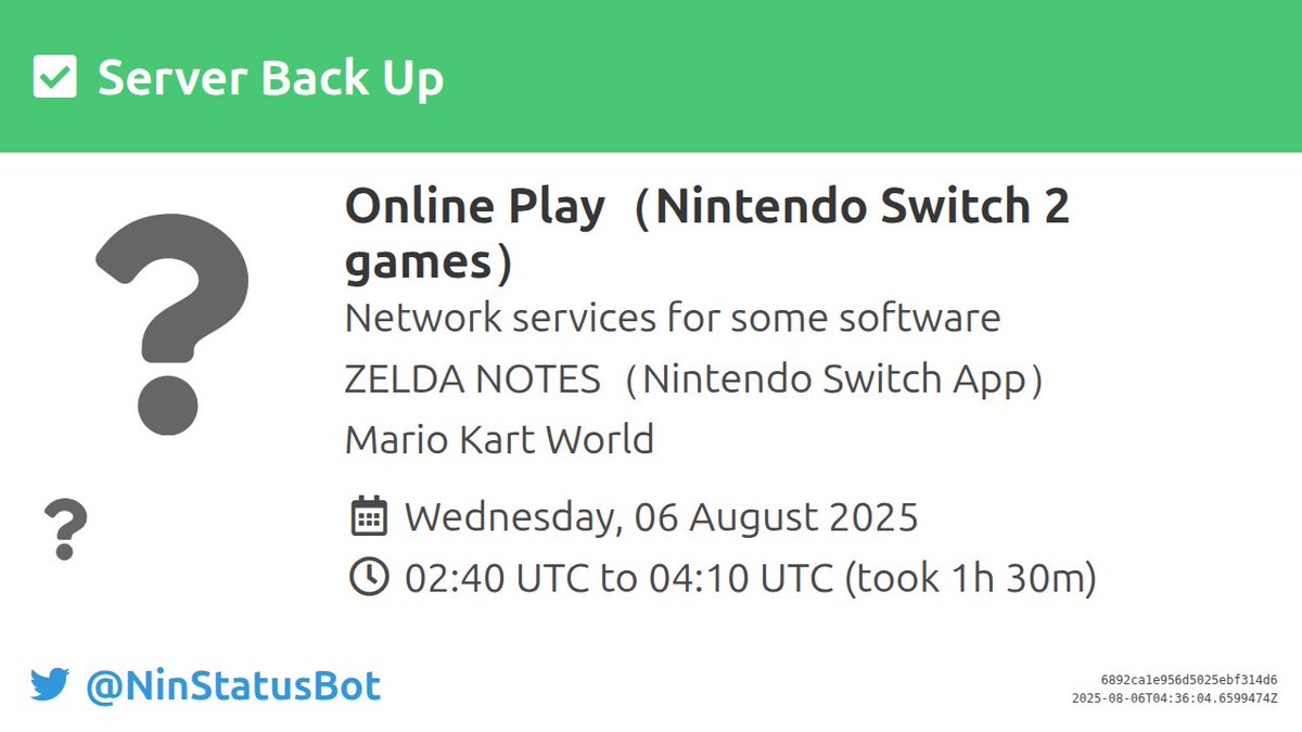 NinStatusBot's tweet photo. [Server Up]

The problems affecting the servers for "Online Play（Nintendo Switch 2 games）" have been resolved and they are now back up.

#ServerUp https://t.co/CzPgLP2BHy