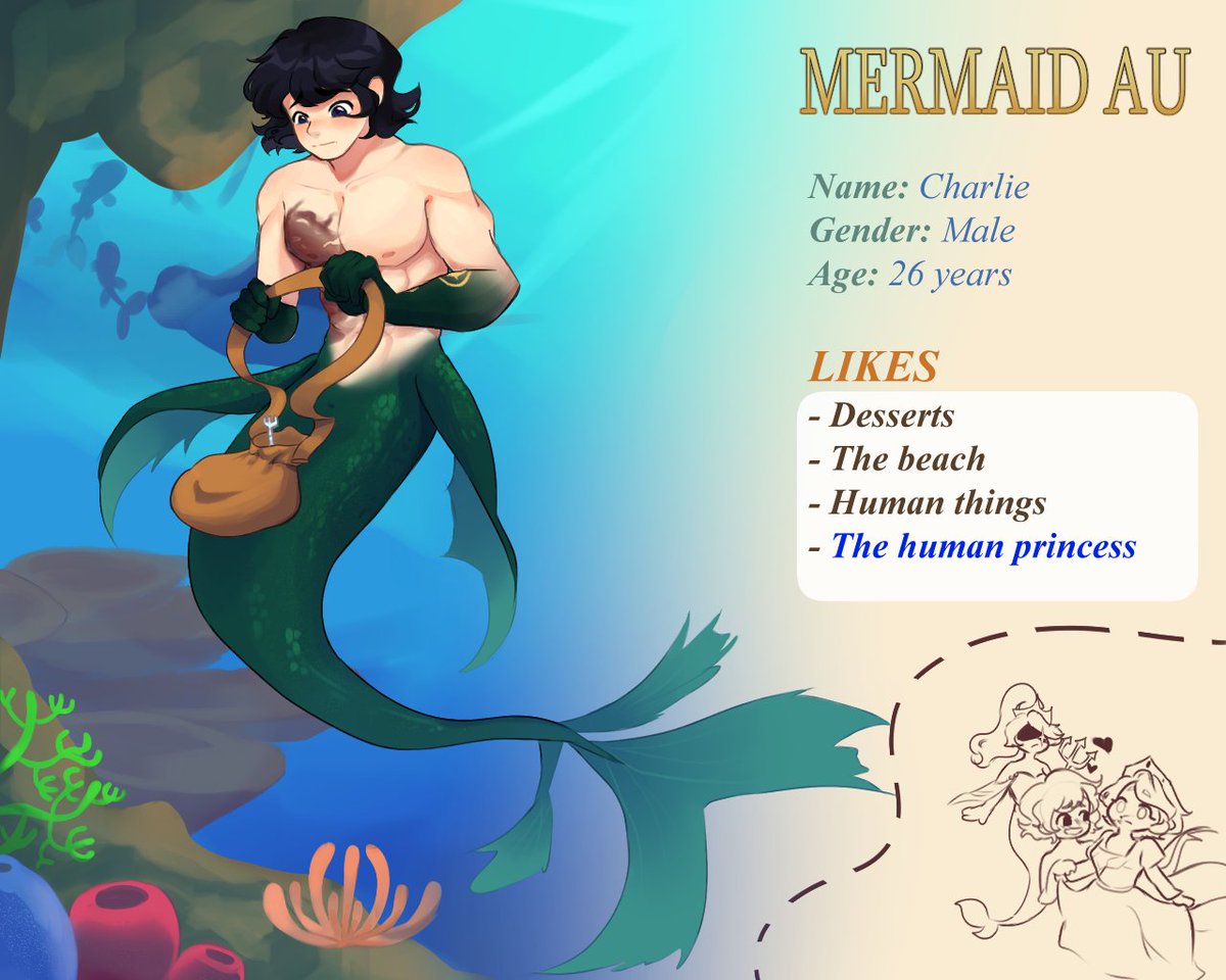 Después de ver  mi viejo dibujo de mi AU de la sirenita. Se me ocurrió hacer unas fichas de este AU jeje. 
Espero les guste :3
#ADSM #ADoubleSidedMirrorGame #ADoubleSidedMirrorVN #ADoubleSidedMirror #ADSMCharles #ADSMCharlie #MermaidAU