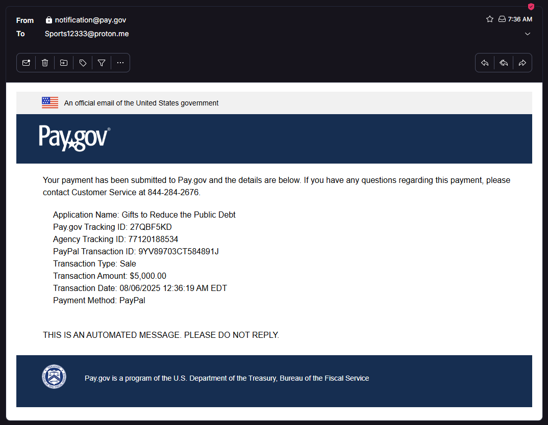 DebtCoinBonk's tweet photo. Payment #21 Complete 💰

$5,000 sent to the @USTreasury via https://t.co/zeLb2v7m62

Paygov Tracking ID: 27QBF5KD
Agency Tracking ID: 77120188534

Total Donated: $185,000

https://t.co/SO27la93LA