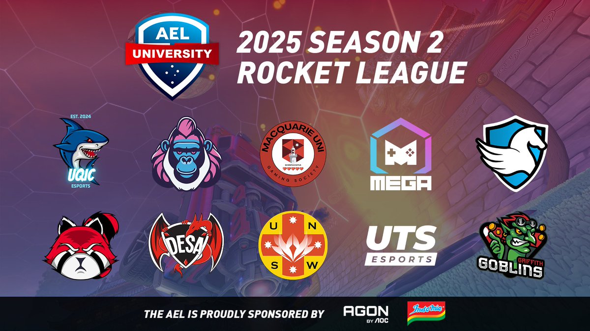 Welcome to the 10 teams competing in Rocket League in the AEL University Elite Series.

Action begins tonight! Don't miss out @ twitch.tv/auesportsleague

The AEL is proudly sponsored by <a href="/AGONbyAOC/">AGON by AOC</a> &amp; <a href="/Indomielovers/">Indomie</a> 

#UniversityOfQueensland <a href="/qutrespawn/">RESPAWN</a> <a href="/MQUGaming/">Macquarie Uni Esports</a> <a href="/MonashEGA/">MonashEGA</a>