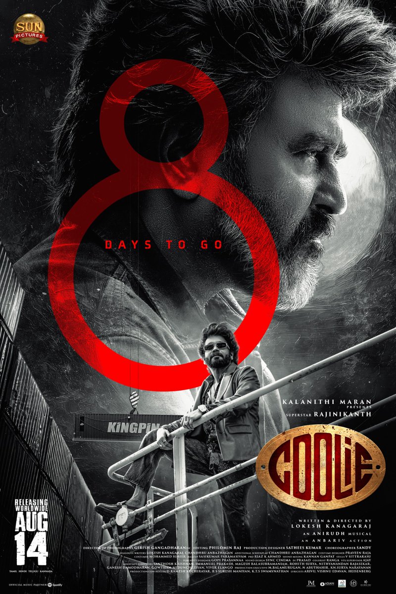ProvokeTV (@provoke_tv) on Twitter photo Are you ready for the explosive faceoff? 8 days to go for #Coolie 💥🔥
#Coolie releasing worldwide August 14th
<a href="/rajinikanth/">Rajinikanth</a> <a href="/Dir_Lokesh/">Lokesh Kanagaraj</a> <a href="/anirudhofficial/">Anirudh Ravichander</a> #AamirKhan <a href="/iamnagarjuna/">Nagarjuna Akkineni</a> <a href="/nimmaupendra/">Upendra</a> #SathyaRaj #SoubinShahir <a href="/shrutihaasan/">shruti haasan</a> <a href="/hegdepooja/">Pooja Hegde</a> <a href="/anbariv/">AnbAriv</a> <a href="/girishganges/">Girish Gangadharan</a> <a href="/philoedit/">Philomin Raj</a> Are you ready for the explosive faceoff? 8 days to go for #Coolie 💥🔥
#Coolie releasing worldwide August 14th
<a href="/rajinikanth/">Rajinikanth</a> <a href="/Dir_Lokesh/">Lokesh Kanagaraj</a> <a href="/anirudhofficial/">Anirudh Ravichander</a> #AamirKhan <a href="/iamnagarjuna/">Nagarjuna Akkineni</a> <a href="/nimmaupendra/">Upendra</a> #SathyaRaj #SoubinShahir <a href="/shrutihaasan/">shruti haasan</a> <a href="/hegdepooja/">Pooja Hegde</a> <a href="/anbariv/">AnbAriv</a> <a href="/girishganges/">Girish Gangadharan</a> <a href="/philoedit/">Philomin Raj</a>