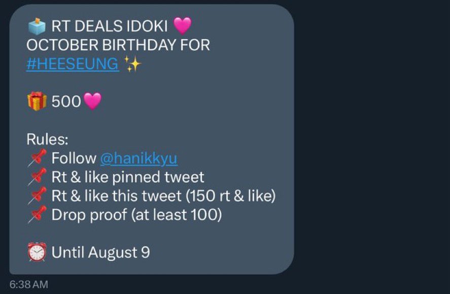ํฌ์น's cเฑจเง (@mybubbyhee) on Twitter photo ๐ณ๏ธ RT DEALS IDOKI ๐ฉท
OCTOBER BIRTHDAY FOR #HEESEUNG โจ
๐ 500๐ฉท
Rules:
๐ Follow <a href="/hanikkyu/">mention after dm!</a>
๐ Rt & like pinned tweet
๐ Rt & like this tweet (150 rt & like)
๐ Drop proof (at least 100)
โฐ๏ธ Until August 9 ๐ณ๏ธ RT DEALS IDOKI ๐ฉท
OCTOBER BIRTHDAY FOR #HEESEUNG โจ
๐ 500๐ฉท
Rules:
๐ Follow <a href="/hanikkyu/">mention after dm!</a>
๐ Rt & like pinned tweet
๐ Rt & like this tweet (150 rt & like)
๐ Drop proof (at least 100)
โฐ๏ธ Until August 9