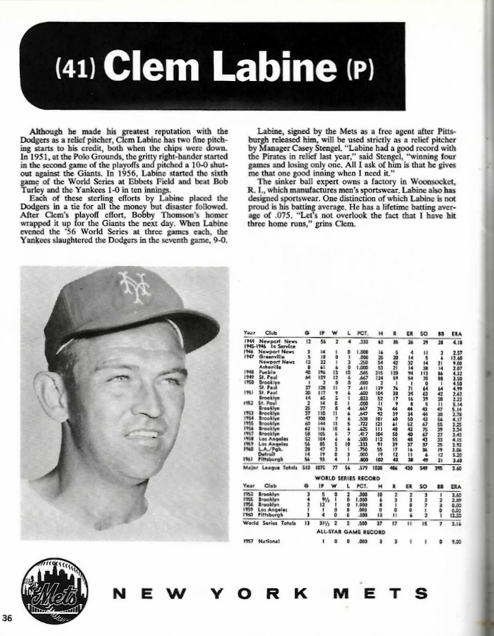 Clem Labine pitched for the Brooklyn Dodgers and was an Original Met who appeared in the team's very first game in 1962.  As a Met, Labine wore the same number he wore as a Dodger.  Clem Labine, the very first ballplayer to wear #41 for the #Mets, was born on this date in 1926.