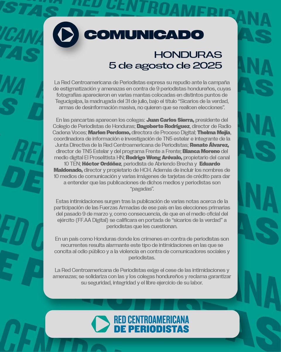 🚨#ALERTA 

La Red Centroamericana de Periodistas expresa su repudio ante la campaña de estigmatización y amenazas en contra de 9 periodistas hondureños. 🇭🇳

Cc.: <a href="/PVacaV/">Pedro Vaca V.</a>