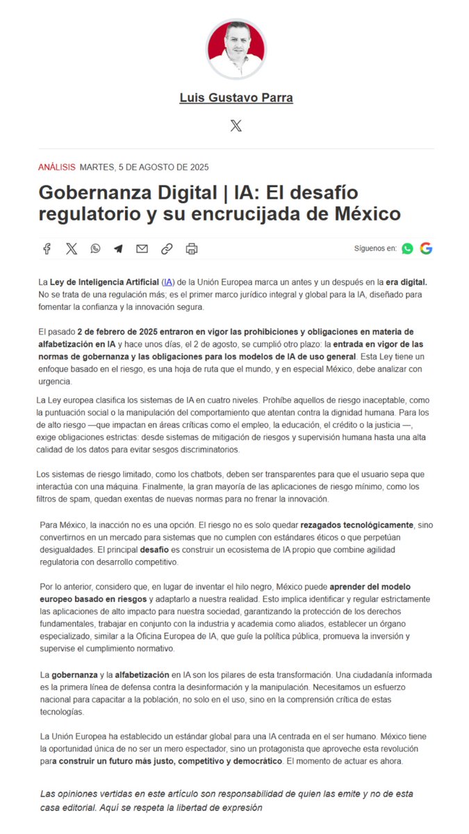 Gustavo Parra N (@lgparranoriega) on Twitter photo Comparto contigo mi última columna publicada en <a href="/SOLTOLUCA/">El Sol de Toluca</a> 🌐🗂️ "Gobernanza Digital | IA: El desafío regulatorio y su encrucijada de México".
Lee en: goo.su/pMvpM5
#GobernanzaDigital #Transparencia #Privacidad #EstadoDeMéxico Comparto contigo mi última columna publicada en <a href="/SOLTOLUCA/">El Sol de Toluca</a> 🌐🗂️ "Gobernanza Digital | IA: El desafío regulatorio y su encrucijada de México".
Lee en: goo.su/pMvpM5
#GobernanzaDigital #Transparencia #Privacidad #EstadoDeMéxico