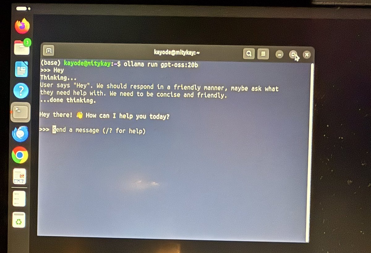 Success! Got the 20-billion parameter gpt-oss:20b model running locally on my Linux laptop with an NVIDIA RTX 3050.
> Blown away by how fast it runs on this setup using @Ollama. The future of local AI is here!
> #AI #LLM #OpenSource #NVIDIA #Linux #RTX3050