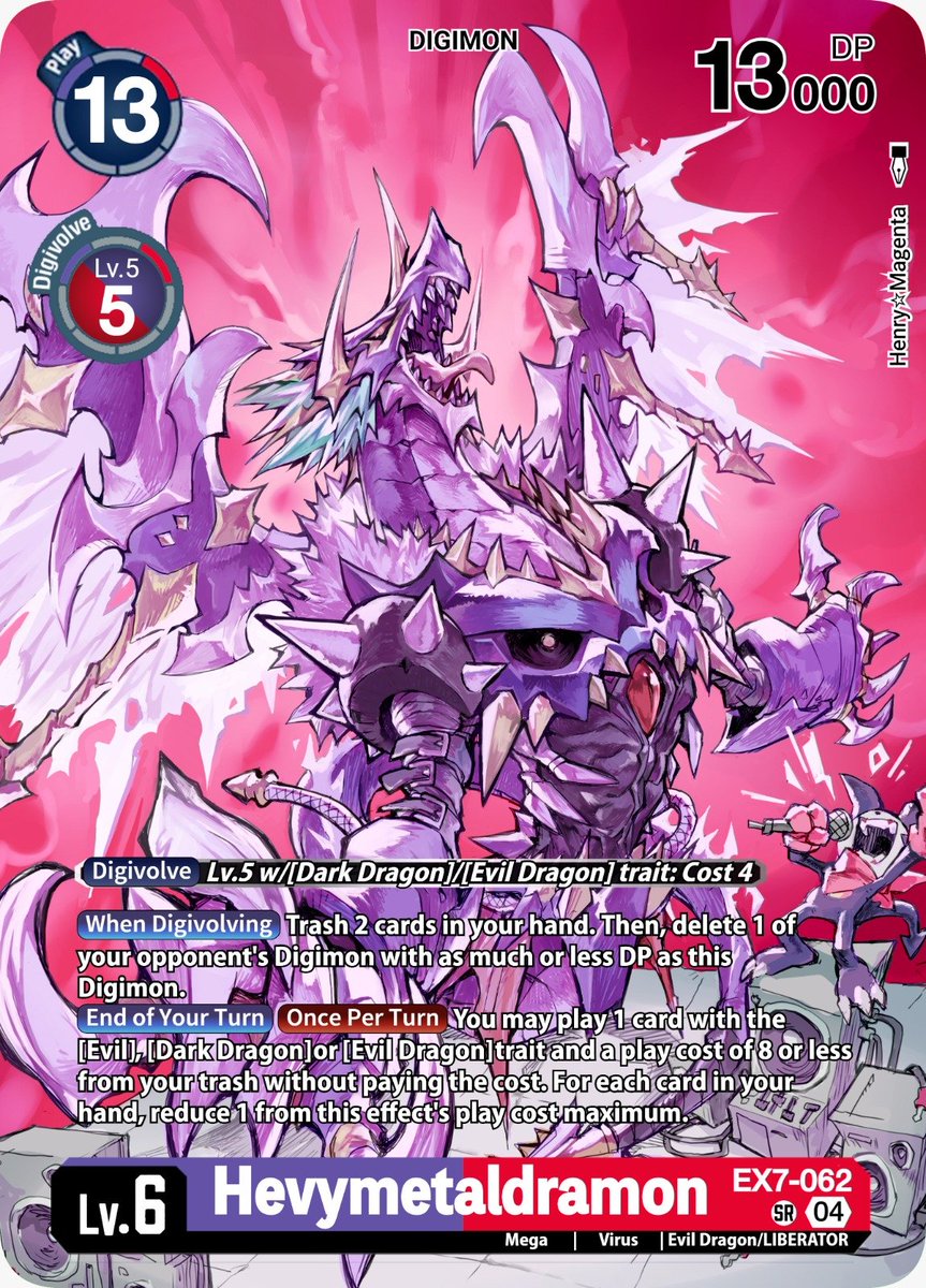 henrymagenta's tweet photo. [Card Reveals] 
 Hello Digimon Tamers! Today’s alt-art card is [EX7-062 Heavymetaldramon]!
From the super Impmon fan Henry☆Magenta!!

Had this one cooking for a while, but finally decided to post it ❤️💜Tell me in the comments if you think it was a real Alt Art~ https://t.co/bEcSd28ASf