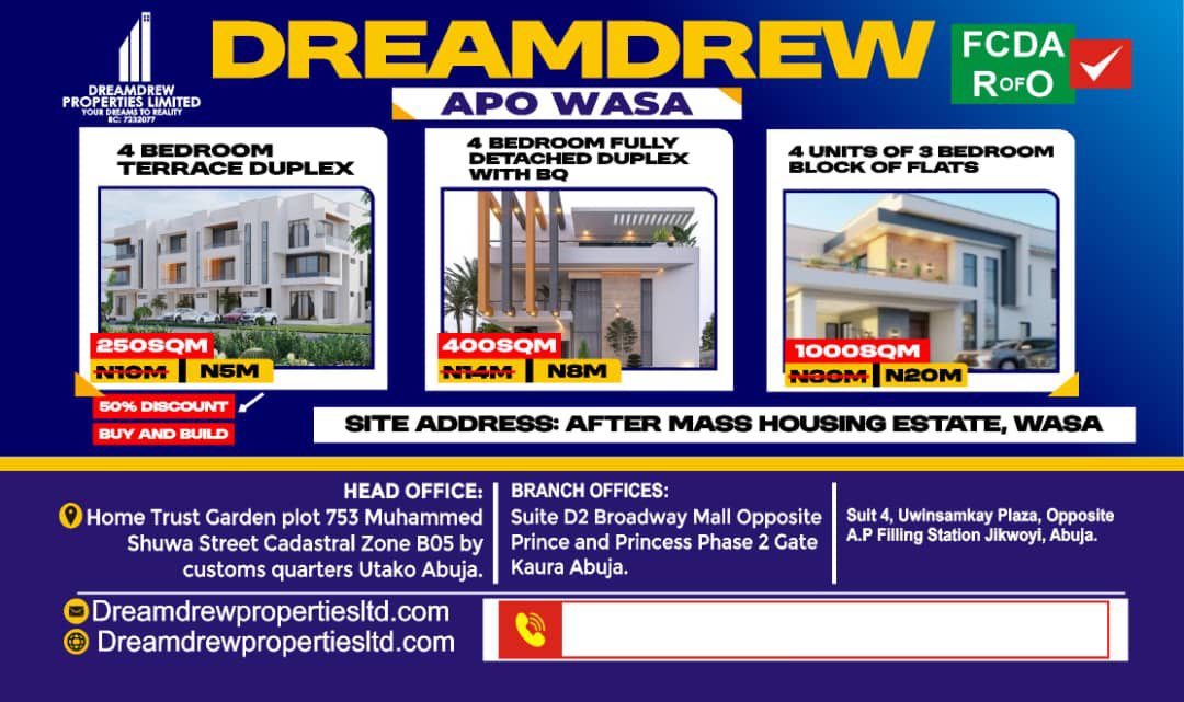 abujalandplug's tweet photo. DreamDrew wasa District 
50% Discount✅
 
250sqm: 4Bedroom Terrace Duplex 
5million

400sqm: 3 bedroom fully detached duplex with BQ 8million 

500sqm : 4 bedrooms fully detached duplex with BQ 10millon 

1000sqm :4units of 3 bedroom block of flats 20millon 

FCDA R of O
#abuja https://t.co/Ihn3sraA7W