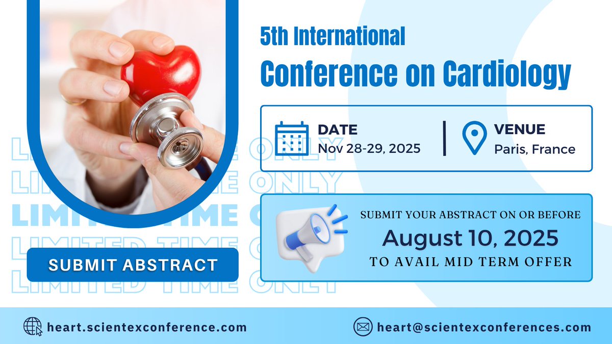 WatsonBeaula's tweet image. 📣 Call for Abstract – Mid-Term Offer! 🫀

Submit by August 10, 2025, to avail exclusive benefits.

Submit now: heart.scientexconference.com/submitabstract

#Cardiology2025 #CallForAbstract #CardiologyConference #Scientexconference