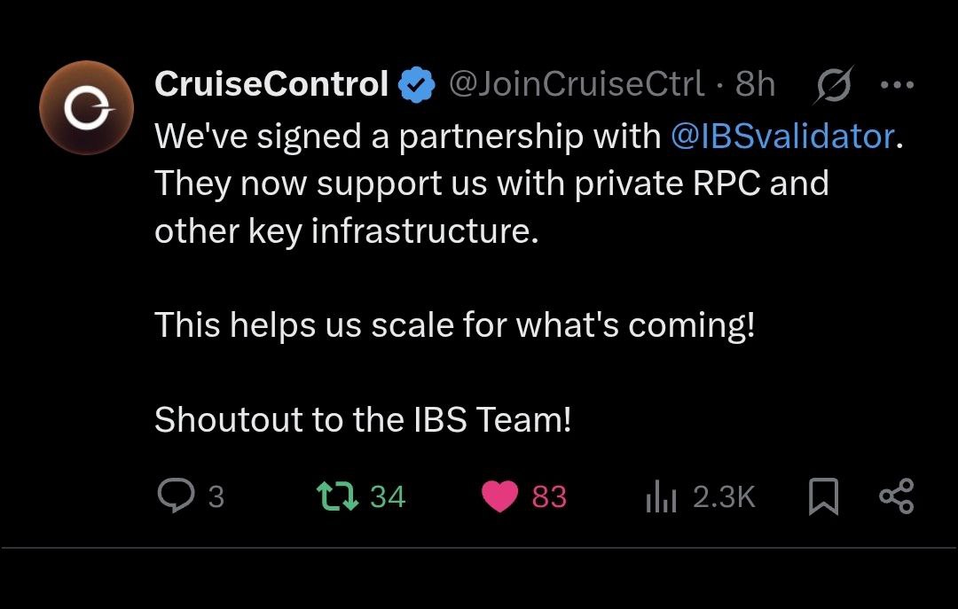 Bill589x (@bill589x) on Twitter photo The CruiseControl post shows theyโve partnered with IBS Validator for private RPC and key infrastructure โ this has some clear implications for both CruiseControl itself and Coreum if CruiseControl is indeed a Coreum-based launchpad.
<a href="/JoinCruiseCtrl/">CruiseControl</a>
1. What It Means for The CruiseControl post shows theyโve partnered with IBS Validator for private RPC and key infrastructure โ this has some clear implications for both CruiseControl itself and Coreum if CruiseControl is indeed a Coreum-based launchpad.
<a href="/JoinCruiseCtrl/">CruiseControl</a>
1. What It Means for