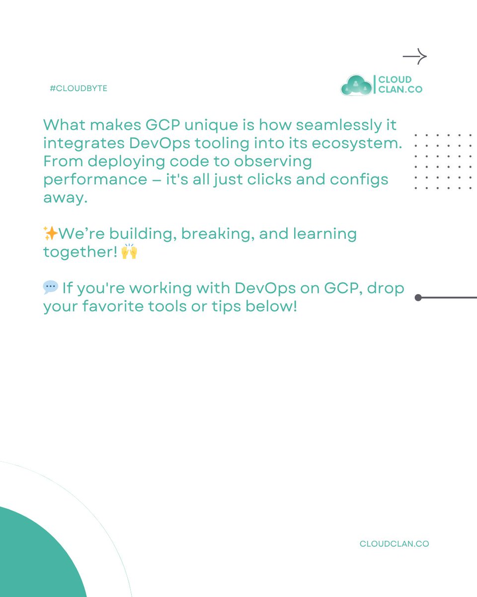 cloudclan_co's tweet photo. 🚀 DevOps on Google Cloud — A Game Changer! ☁🔧

Thread (2/2)
#GoogleCloud #DevOps #CloudClan #GCP #CloudComputing #CI_CD #InfrastructureAsCode #Kubernetes #LearningInPublic #TechJourney #CloudByte https://t.co/F4Neq91MNr