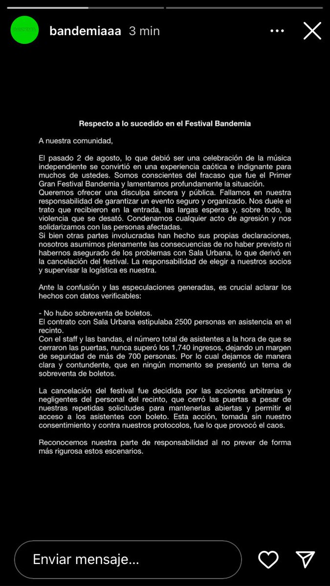 VeroSantamariaC's tweet photo. El festival #Bandemia acaba de presentar en su cuenta de Instagram un nuevo comunicado sobre lo ocurrido el sábado 2 de agosto en Sala Urbana, sitio donde se desarrolló este evento para, posteriormente, ser cancelado. https://t.co/2zu0ApPkQh