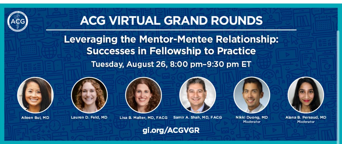 As part of the <a href="/AmCollegeGastro/">ACG</a> training committee/mentorship program, we’re thrilled to host this 1st ever session with a🔥lineup of speakers: 

Topics:
✅Optimizing the mentor/mentee relationship 
✅Fellowship tips
✅Family planning 
✅Practice models  

tinyurl.com/bdfaeez4