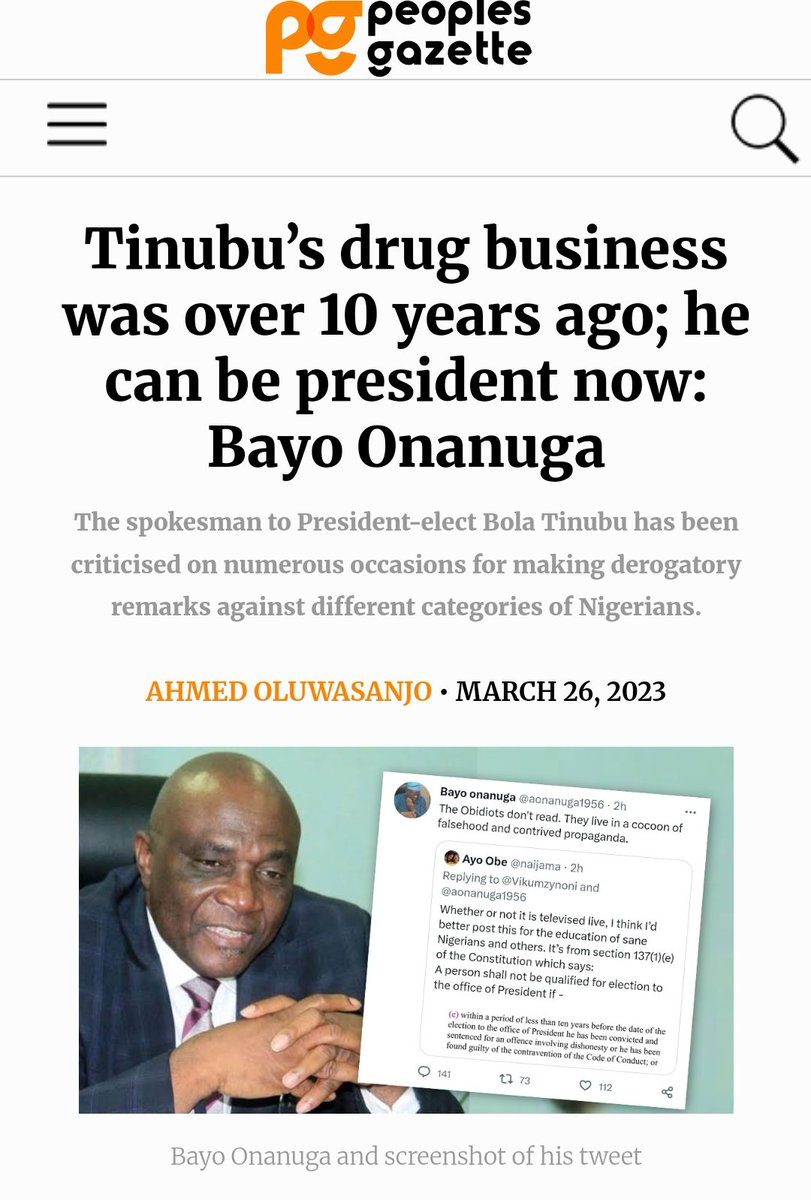 Dr. O. (A Displaced Nigerian)๐ณ๐ฌ๐ฉ๐ช๐ช๐ธ๐บ๐ธ๐จ๐ฆ (@droaikhena) on Twitter photo Yes, Bola Ahmed Tinubu <a href="/officialABAT/">Bola Ahmed Tinubu</a> had a drug business. He ran a Narcos business and forfeited 460K USD to the US government.
68 years old shameless Bigot <a href="/aonanuga1956/">Bayo Onanuga</a> agree with the above statement. So, tell bigot <a href="/abikedabiri/">abikedabiri</a> that the main person who brought shame and still Yes, Bola Ahmed Tinubu <a href="/officialABAT/">Bola Ahmed Tinubu</a> had a drug business. He ran a Narcos business and forfeited 460K USD to the US government.
68 years old shameless Bigot <a href="/aonanuga1956/">Bayo Onanuga</a> agree with the above statement. So, tell bigot <a href="/abikedabiri/">abikedabiri</a> that the main person who brought shame and still