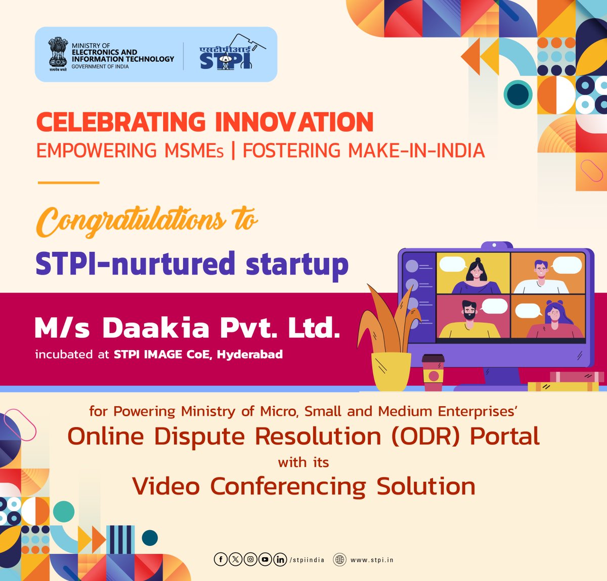 stpiindia's tweet photo. 🎉 Congratulations to STPI-nurtured startup M/s Daakia Pvt. Ltd. and all Indian MSMEs! 🇮🇳

M/s Daakia Pvt. Ltd., an STPI IMAGE CoE-incubated startup, has developed an advanced Video Conferencing solution for the Ministry of MSME’s groundbreaking Online Dispute Resolution (ODR) Portal.

This ODR Portal is designed to help MSMEs unlock their working capital stuck in delayed payment disputes and offers several other key features. It also provides an interactive multilingual forum for deliberations and resolution of various disputes.

About Startup: M/s Daakia Pvt. Ltd. is a cross-platform mobile and web-integrated solution designed to simplify and enhance communication. It offers an Enterprise SaaS platform for seamless intra-organisation communication, including video conferencing and real-time translation features. The startup has achieved significant milestones, including Indian Patent No. 433402, US Patent No. US 12,147,780 B2, and certifications such as ISO, SOC2, and CERT, showcasing its commitment to innovation, security and global standards.

👏 Kudos to Daakia Pvt. Ltd. for its innovation and contribution to fuelling India’s journey toward self-reliance.
STPI is committed to nurturing startups and driving India’s Make in India mission forward.

🔗 #STPIIndia #MSME #ODR #StartupSuccess #DigitalIndia #Innovation #PatentedInIndia #Daakia #VCsolution #IndiaInnovates #STPINurturedStartup #MeitY #SOC2 #ISO #CERT #STPIStartup #MSMESupport

@GoI_MeitY @AshwiniVaishnaw @JitinPrasada @SecretaryMEITY @arvindtw @_DigitalIndia @NeGD_GoI @minmsme @STPIIMAGECOE @DaakiaConnects @AnimeshKGupta