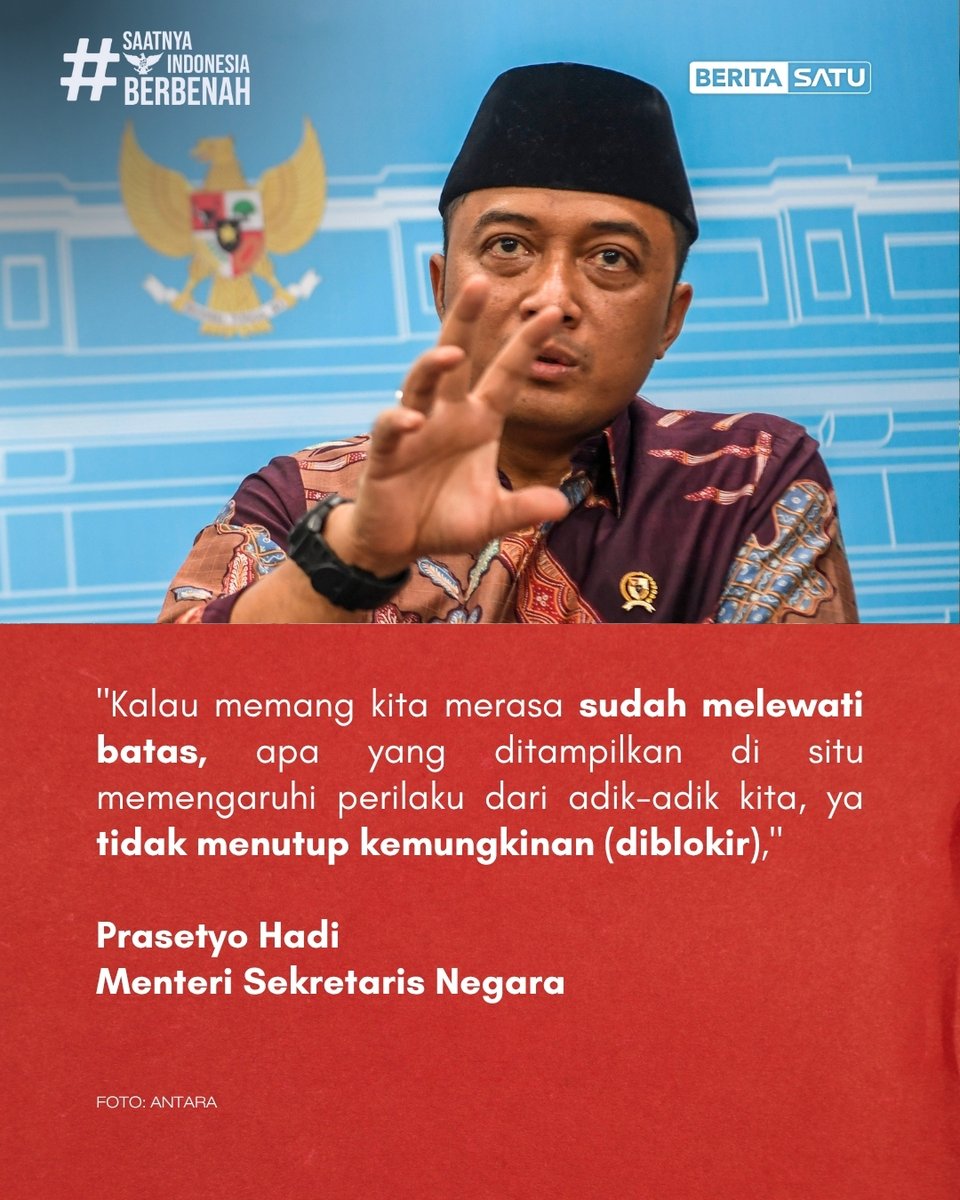 Menteri Sekretaris Negara Prasetyo Hadi menegaskan langkah pemblokiran gim Roblox bisa diambil pemerintah sebagai upaya melindungi generasi bangsa. Pemerintah tak akan ragu untuk memberantas apa pun yang dapat berdampak negatif terhadap generasi penerus bangsa.
.
Update berita