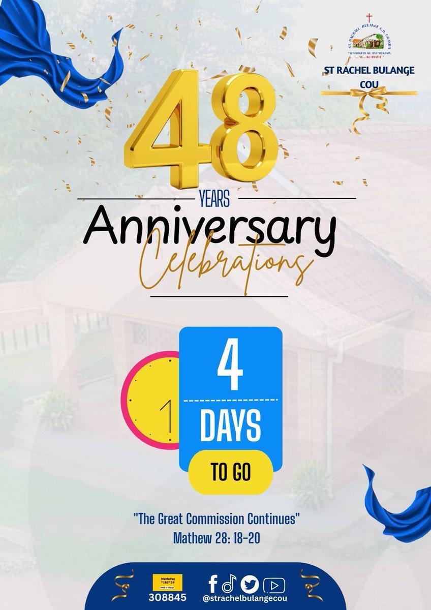 strachelbulange's tweet image. 🎉 COUNTDOWN IS ON! 🕒 Only 4 days to go! 🙌 This Sunday, we're turning up the praise and celebration for 48 years of faith, love, and service at St. Rachel Bulange CoU! 📆✨ Get ready for an epic Sunday of worship, sermon, and fun! Don't miss it! 😊 #StRachelBulangeCoU #48Years