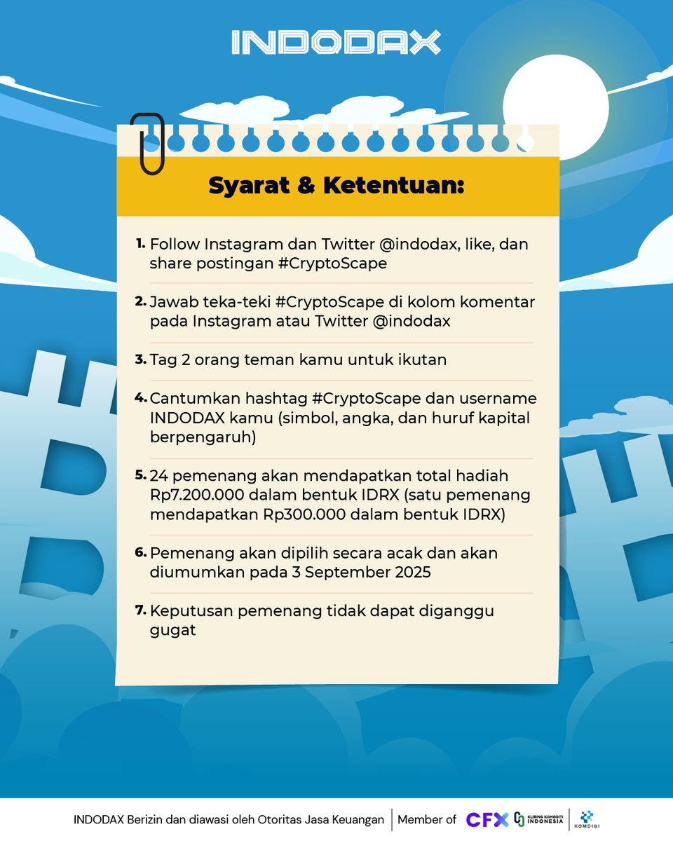 indodax's tweet photo. Yuk uji kejelian kamu di #CryptoScape dan menangkan total hadiah Rp7,2 juta dalam bentuk IDRX!

Tinggal tebak nama koin kripto dari huruf acak ini dan ikuti syarat ketentuan lainnya di slide 2 ya

Punya mata elang dan otak encer? Buktiin sekarang! 🔍💥

#INDODAX #AsetMasaDepan https://t.co/Zj6AptNaWY