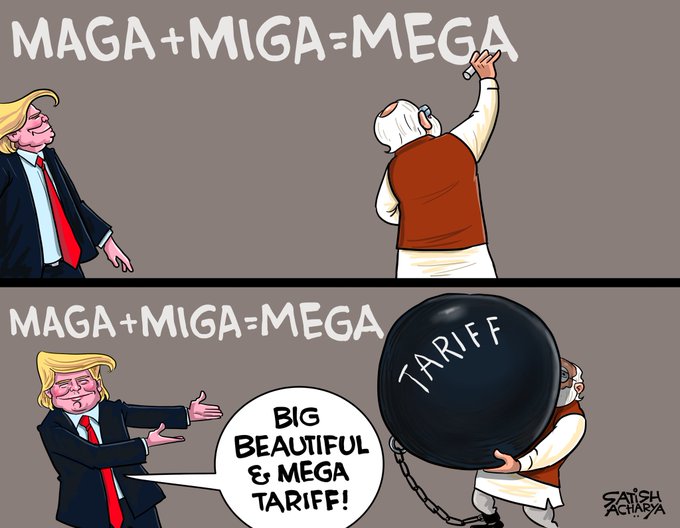 pycpim's tweet photo. "PM Modi: 'MAGA + MIGA = MEGA!'
Trump: 'Tariffs go BRRR!'
India: 'Hold my chai, let’s BRICS this bully party with a sovereignty glow-up! 😎🇮🇳
#MEGAMoves #NoTariffTantrums https://t.co/YQ0Z3koEJ4