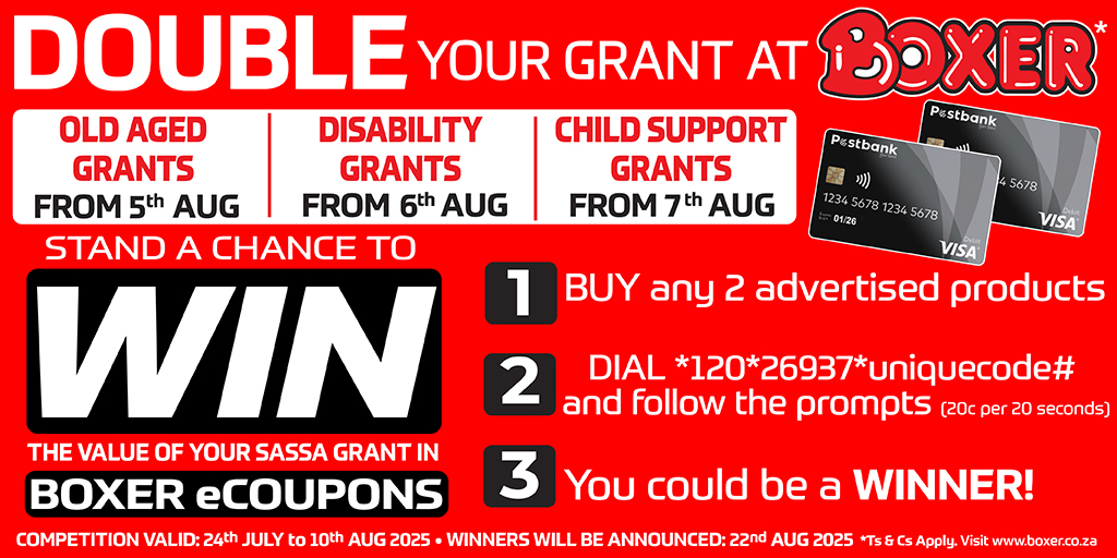 Boxer (@boxerstores) on Twitter photo 📢Disability Grantees! Today is YOUR CHANCE to collect, shop and stand a chance to WIN! It's so easy, buy any two advertised combos from the current leaflet, then dial the number printed on your till slip! Entries close 10/08/2025! Hurry in! #sassa #boxerstores #winning 📢Disability Grantees! Today is YOUR CHANCE to collect, shop and stand a chance to WIN! It's so easy, buy any two advertised combos from the current leaflet, then dial the number printed on your till slip! Entries close 10/08/2025! Hurry in! #sassa #boxerstores #winning