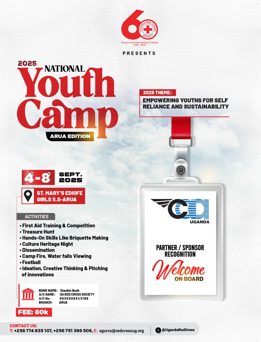 You're most welcome our dear partner / Sponsor <a href="/UgandaCAA/">Uganda CAA</a> for our upcoming <a href="/UgandaRedCross/">Uganda Red Cross Society</a> National Youth Camp 2025 On 4th - 8th September 2025 at St. Mary's Ediofe Girls S S in Arua. Thank you so much 🙏 😊 

#NationalYouthCamp2025 
<a href="/UgandaRC_Youths/">Uganda Red Cross Society Youth Page</a>