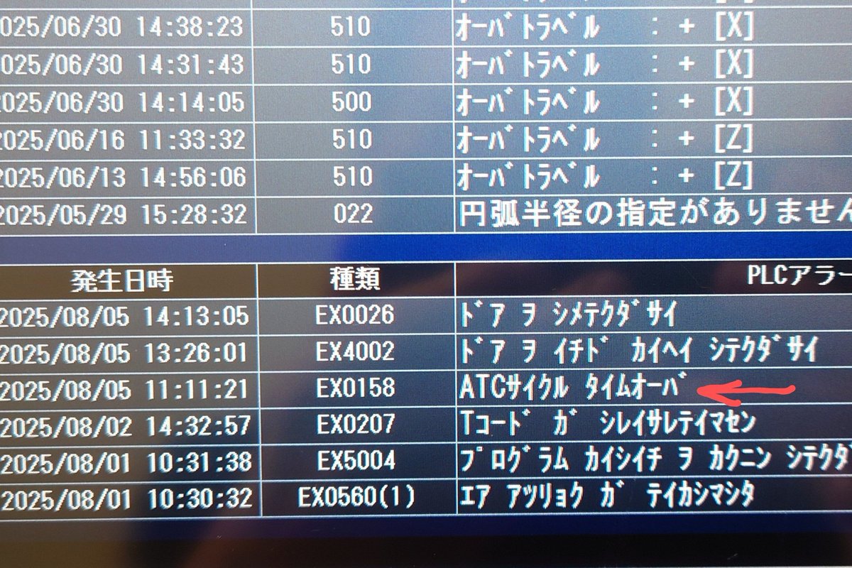 謎のアラーム発生！
暖機運転しながらプログラム組んでたらマガジンからポットが下降してタイムオーバーでアラームが出たみたい⤵️
工具交換中にリセットした覚えないけど？
手動復帰動作しても動かず
マニュアル見てたら「シュコン」と音がしてポット上昇してた⤴️
その後は異常なしと言う謎😵
