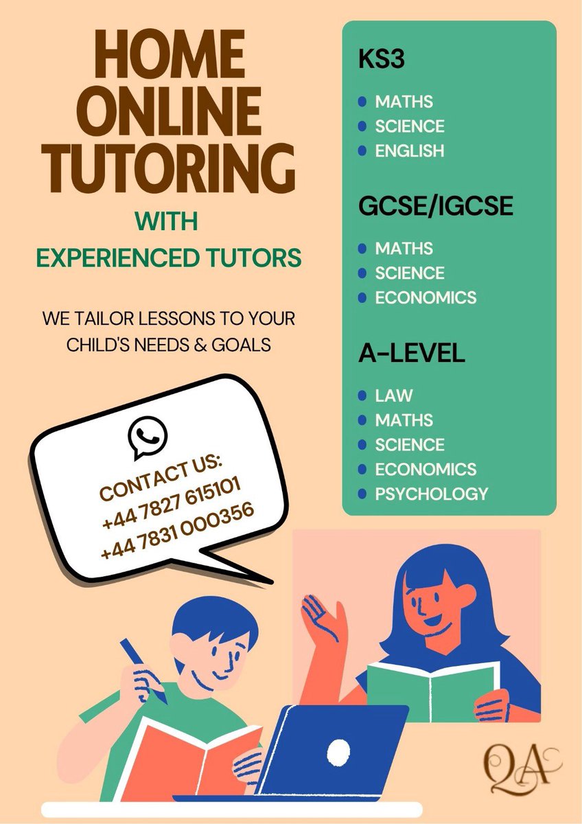 ChiamakaObi's tweet photo. 📚 Looking for a tutor? We offer 1:1 online tutoring for students from KS2 to A-Level across a range of subjects!
We tailor each session to suit your goals.
DM me or check out the flyer below to learn more!

#Tutoring #OnlineTutor #KS2 #GCSE #ALevel #EducationSupport https://t.co/XM821xNNMR