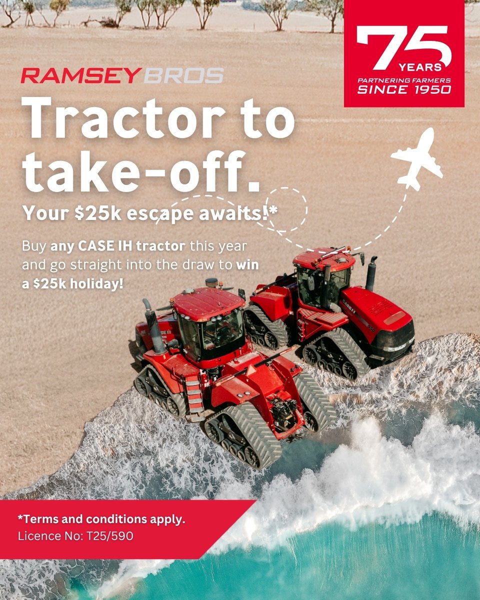 Turn horsepower into holiday power! 💥
Buy a Case IH tractor this year for your chance to WIN a $25K escape.

🌾➡️🌴 Paddocks or palm trees? It starts with red.

👉 shorturl.at/Ok8HI
*T&amp;Cs apply. SA Lic T25/590.
<a href="/CaseIHAus/">Case IH Australia</a>