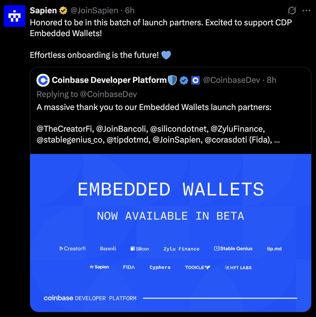 Dele55's tweet photo. Coinbase Developer Platform just announced partnership with @JoinSapien  and  that's a good news and a big deal 🔥
This shows that Sapien’s tech is getting noticed and used by major players in the crypto world.

Why this is important 👇

• Coinbase’s Embedded Wallets make it super easy for people to use crypto no complicated passwords or extra apps needed. You just log in with your email or phone number, and it’s still secure.

•  @JoinSapien being a launch partner means big companies trust their tools, and it’s helping Sapien become a go to for developers building cool stuff for Web3 
$SAPIEN is coming
