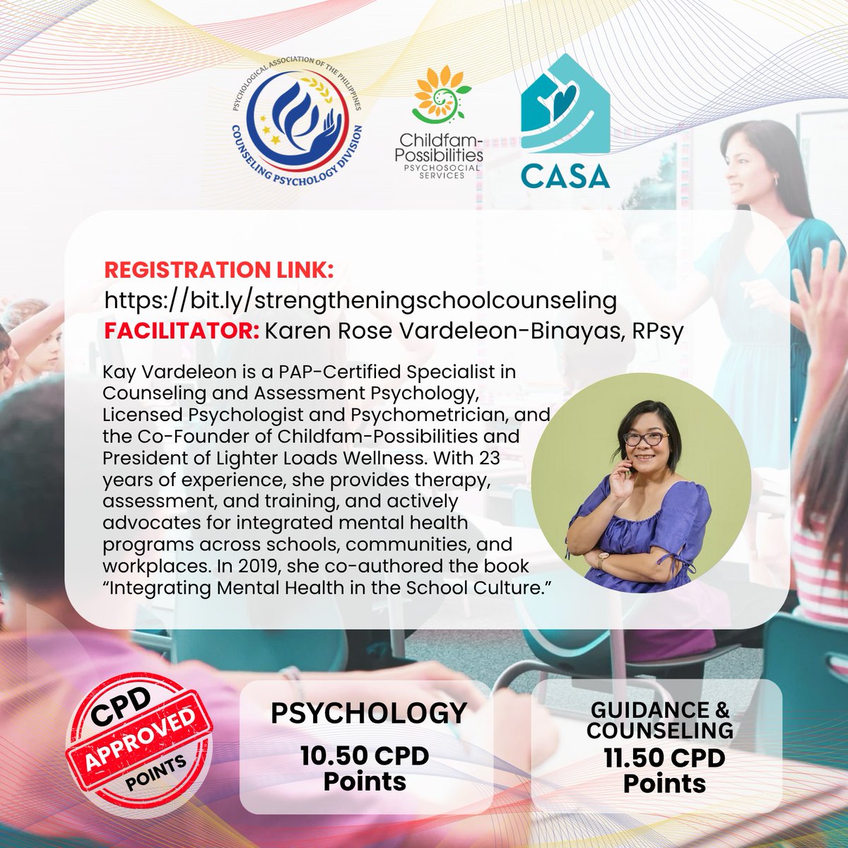 CASAssumption's tweet image. October 9 &amp;amp; 16, 2025
9:00 AM – 5:00 PM
Henry Sy Building, Assumption College, Makati City
Fee: ₱2,800
Earn 10.5 CPD Points (Psychology) and 11.5 CPD Points (Guidance &amp;amp; Counseling)
Register now: bit.ly/strengthenings…
contact us: casalearnings@assumption.edu.ph