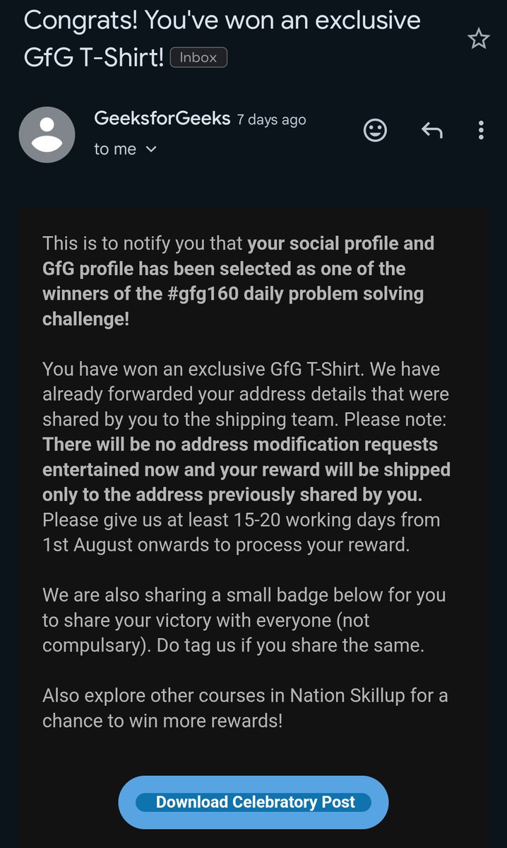coding_yash's tweet image. 🎉 Thrilled to share this!
I’ve successfully completed the #GfG160 Daily Problem Solving Challenge and won an exclusive GeeksforGeeks T-shirt! 💻👕
@geeksforgeeks #Coding #GfG #Achievement