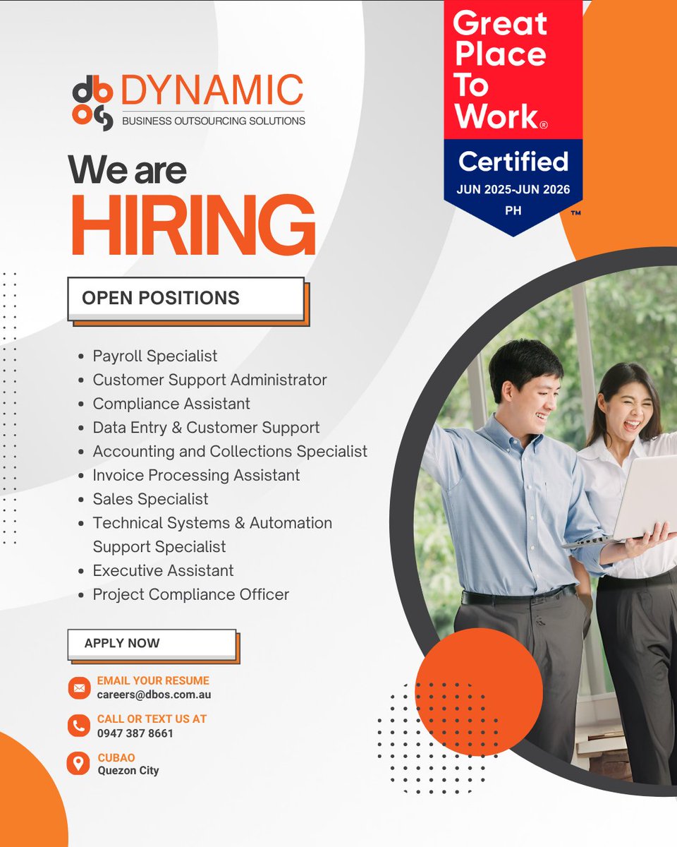 dbosAU's tweet photo. We're hiring! 🌟

Enjoy a dayshift schedule with a hybrid setup option. Work with AU accounts in non-voice roles.

More details on our website: https://t.co/3jgY2XmwzL

📩 Email your resume: careers@dbos.com.au

Apply now and take the next step in your career! https://t.co/v7kMQfStyz