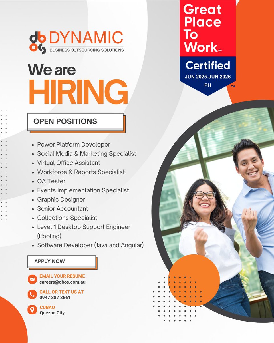 dbosAU's tweet photo. We're hiring! 🌟

Enjoy a dayshift schedule with a hybrid setup option. Work with AU accounts in non-voice roles.

More details on our website: https://t.co/3jgY2XmwzL

📩 Email your resume: careers@dbos.com.au

Apply now and take the next step in your career! https://t.co/v7kMQfStyz