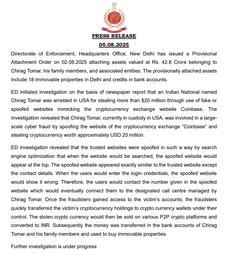 BREAKING: 🇮🇳 ED freezes ₹42.8 crore assets of Chirag Tomar, jailed in the US for a $20M crypto phishing scam using fake Coinbase sites.
