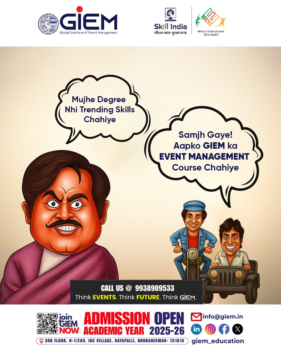 giem_education's tweet image. Mujhe sirf degree nahi, trending skills chahiye!
💡 Samajh gaye?
Aapko 𝙂𝙄𝙀𝙈 ka #EventManagementCourse chahiye!
📍 Admissions Open for 2025-26
Visit our website at giem.in.
Call us at 📞 9938909533 to book your seat.
#EventManagement #GIEM #SkillIndia